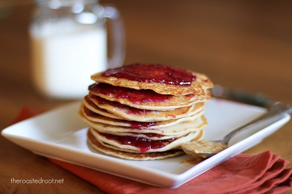 Peanut Butter & Jelly Pancakes (gluten free!) from The Roasted Root