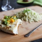Broiled Halibut with Mango Avocado Relish and Cauliflower Rice