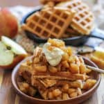 Grain-free waffles made with coconut flour with warmly-spiced apples and homemade paleo caramel sauce -| TheRoastedRoot.net #healthy #breakfast #recipe #paleo