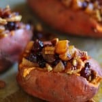 Stuffed Sweet Potatoes with yogurt, caramelized pears, pecans, and dried cranberries #healthy #sidedish #recipe #holiday #Thanksgiving TheRoastedRoot.net