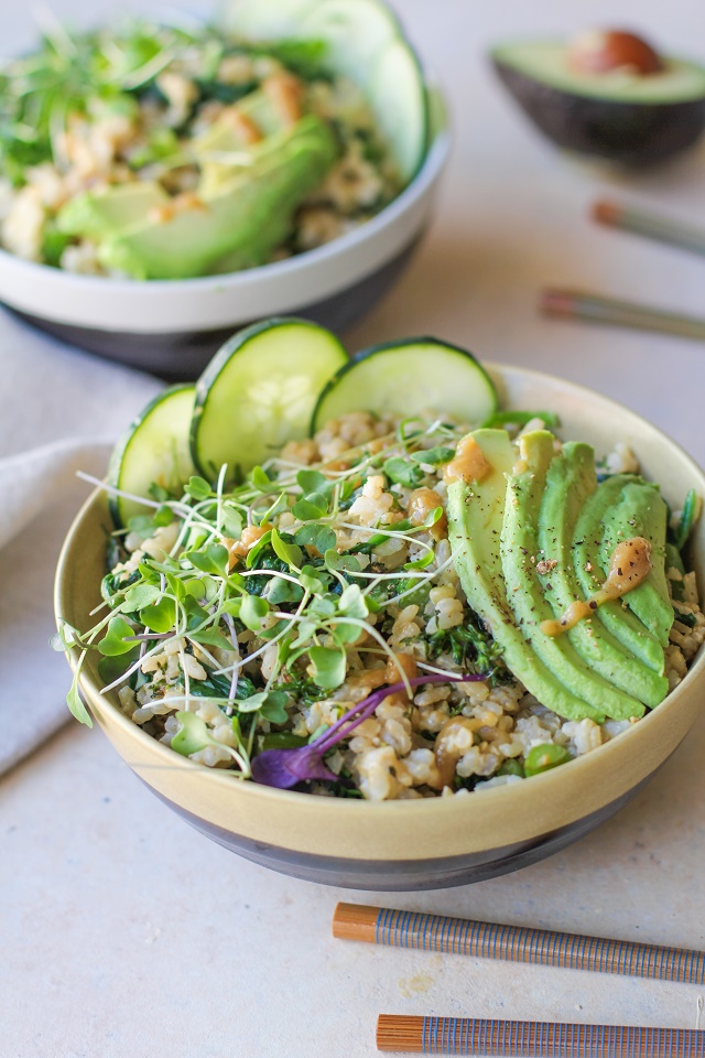 Wasabi Vegetable Bowls with broccolini , spinach, cucumber, avocado