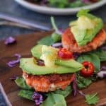 Asian Salmon Burgers with Avocado and Pickled Ginger | TheRoastedRoot.net #healthy #dinner #recipe #fish #glutenfree #copperriversalmon #wildalaskansalmon