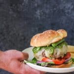 Skillet-Cooked Bison Burgers with Havarti Cheese and Pesto Sauce | TheRoastedRoot.net #recipe #burger #dinner