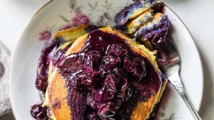 Blueberry Coconut Flour Pancakes For One - a single-serving batch of coconut flour pancakes - grain-free, dairy-free, healthy | TheRoastedRoot.net