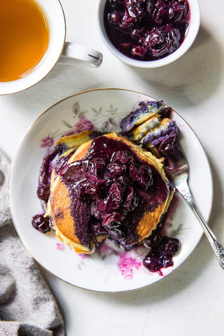 Blueberry Coconut Flour Pancakes For One - a single-serving batch of coconut flour pancakes - grain-free, dairy-free, healthy | TheRoastedRoot.net