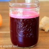 beet juice made using a blender instead of a juicer. Includes apple, orange, ginger, kale and coconut water