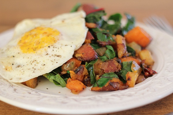 Sweet Potato & Rainbow Chard Hash with Bacon (great use for holiday leftovers) http://www.roastedrootfood.com
