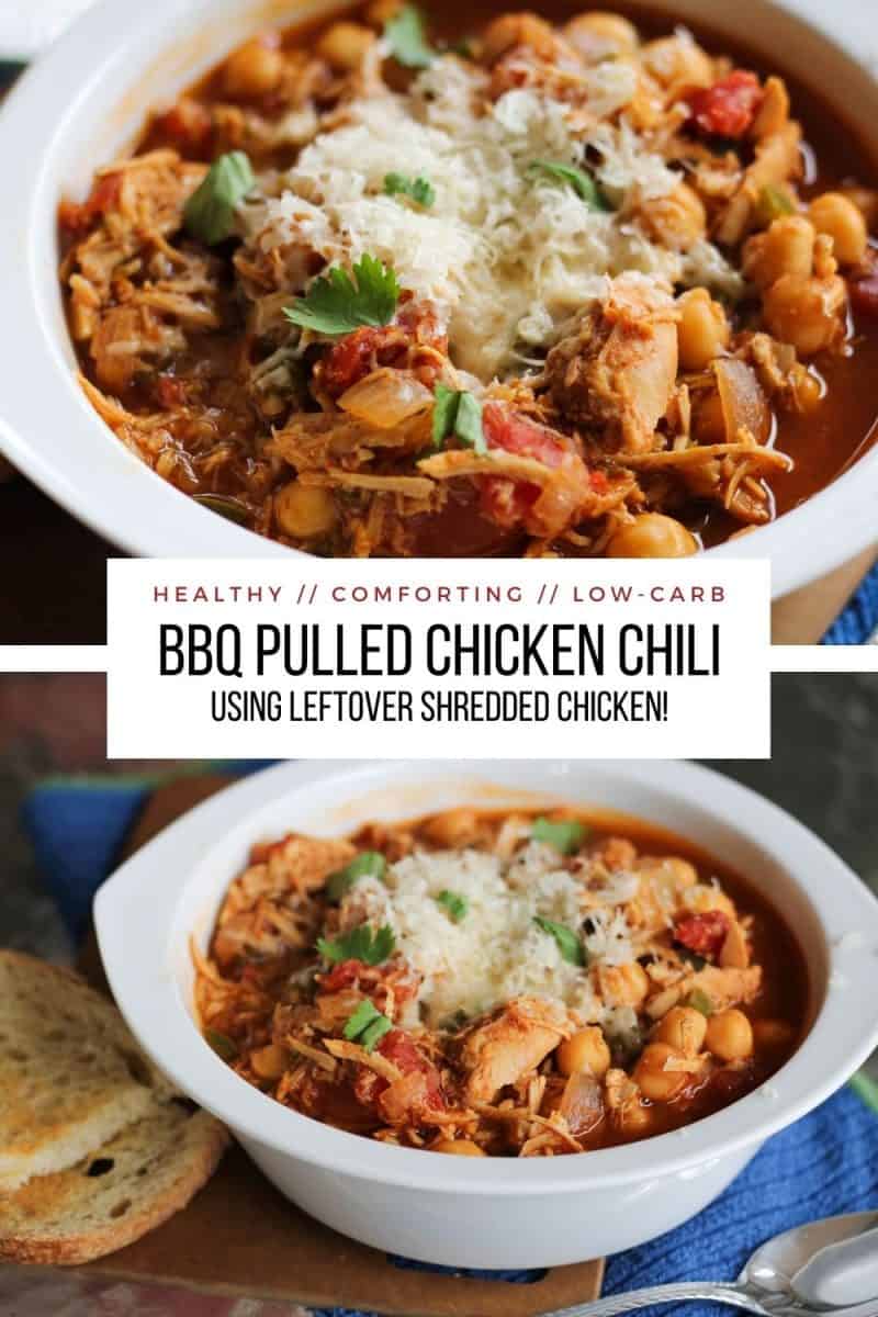 BBQ Pulled Chicken Chili with Garbanzo Beans - this easy to prepare recipe comes with all sorts of preparation options. Use leftover shredded or rotisserie chicken for the easiest chili recipe ever!