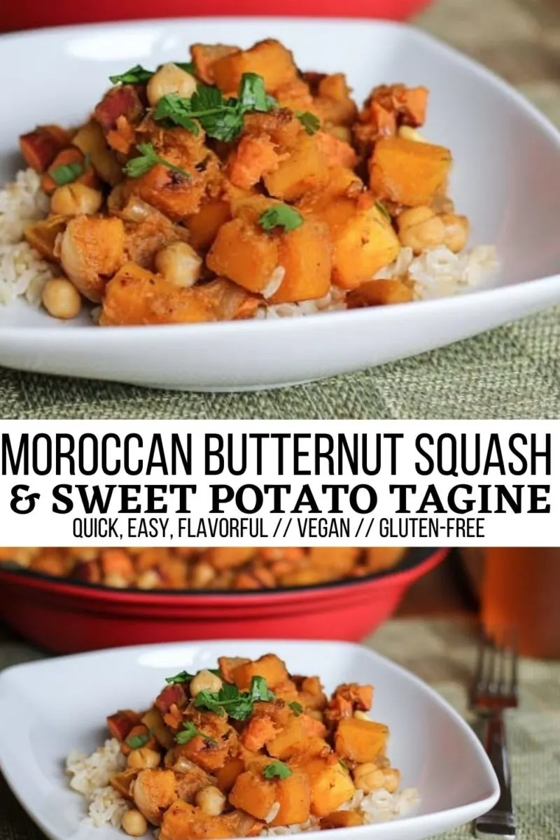 Moroccan Butternut Squash and Sweet Potato Tagine with chickpeas and a aromatic spices is a flavorful, nutritious vegan dish perfect for any night of the week!