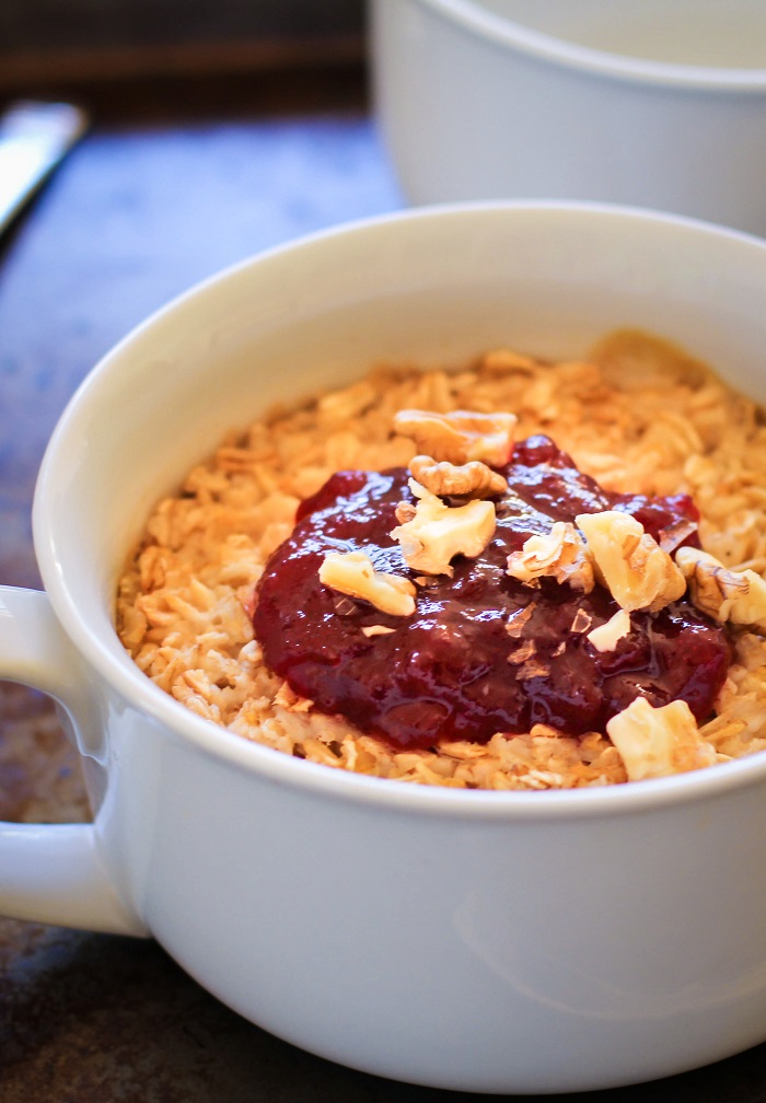 Peanut Butter and Jelly Baked Oatmeal | TheRoastedRoot.net #healthy #breakfast #glutenfree #pb&j