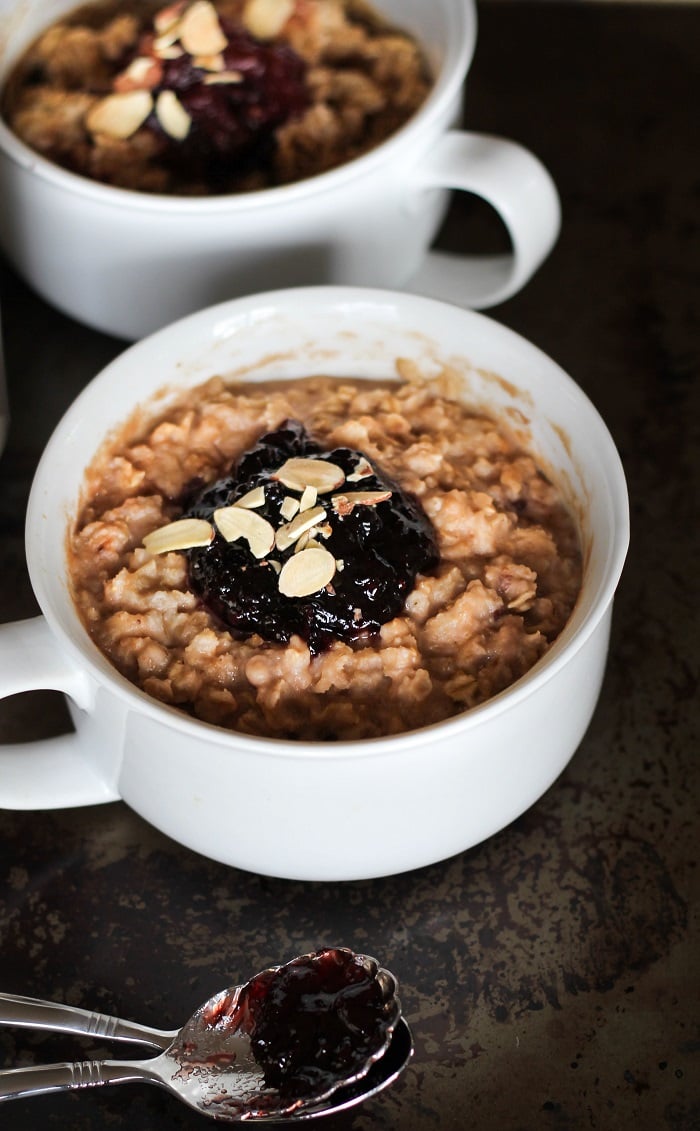 Peanut Butter and Jelly Baked Oatmeal | TheRoastedRoot.net #healthy #breakfast #glutenfree #pb&j