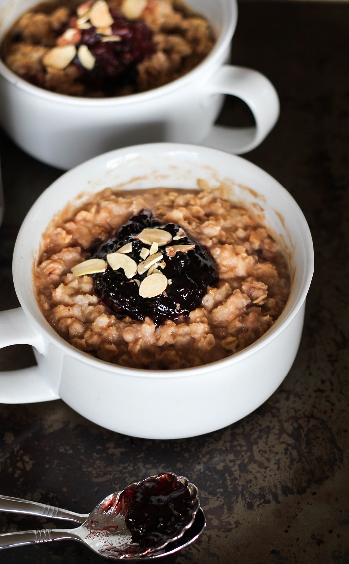 Peanut Butter and Jelly Baked Oatmeal | TheRoastedRoot.net #healthy #breakfast #glutenfree #pb&j