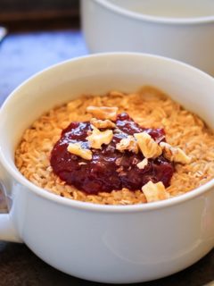 Peanut Butter and Jelly Baked Oatmeal | TheRoastedRoot.net #healthy #breakfast #glutenfree #pb&j