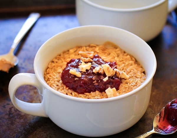 Peanut Butter and Jelly Baked Oatmeal | TheRoastedRoot.net #healthy #breakfast #glutenfree #pb&j