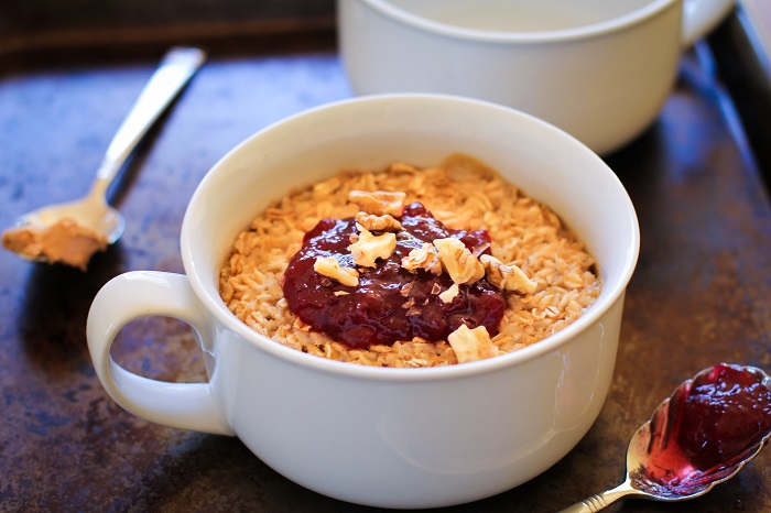 Peanut Butter and Jelly Baked Oatmeal | TheRoastedRoot.net #healthy #breakfast #glutenfree #pb&j