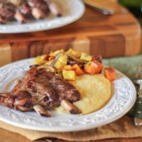 Red Wine Braised Spare Ribs with creamy polenta and roasted root vegetables