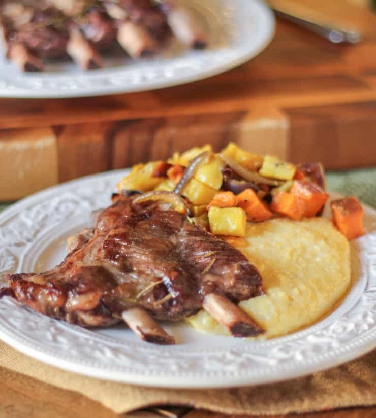 Red Wine Braised Spare Ribs with creamy polenta and roasted root vegetables