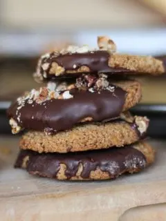 Roasted Walnut Chocolate Dipped Gluten-Free Shortbread Cookies | TheRoastedRoot.net #dessert #chocolate #healthy #glutenfree
