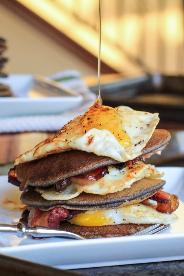 Bacon and Egg Buckwheat Pancakes - gluten-free and delicious! | TheRoastedRoot.net #breakfast #buckwheat #healthy