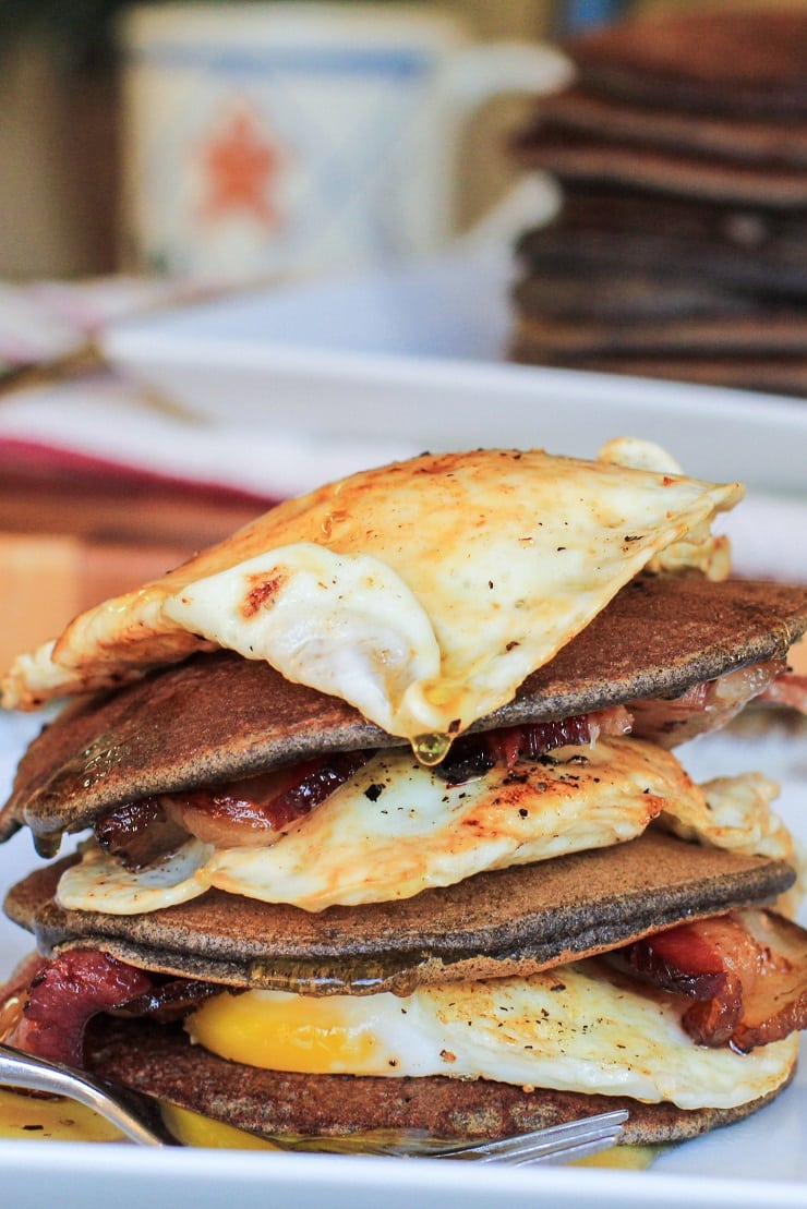 Bacon and Egg Buckwheat Pancakes - gluten-free and delicious! | TheRoastedRoot.net #breakfast #buckwheat #healthy