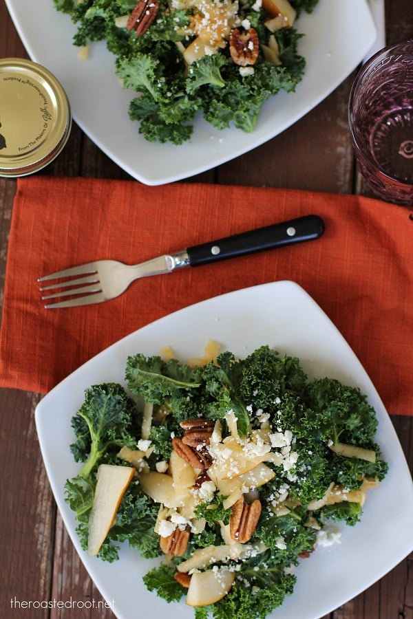 Massaged Kale Salad with Apple, Pear, Gorgonzola and Roasted Pecans