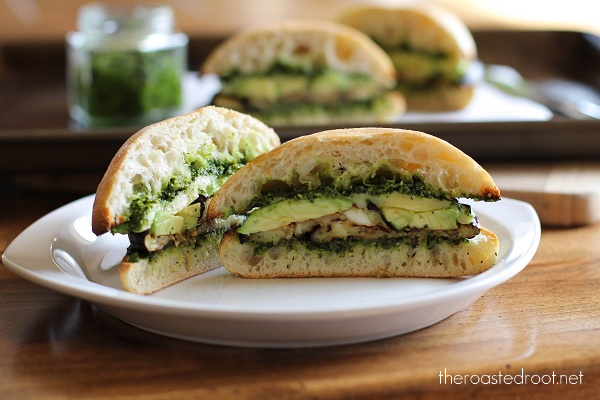 Roasted Eggplant Sandwich with Avocado and Kale Pesto.