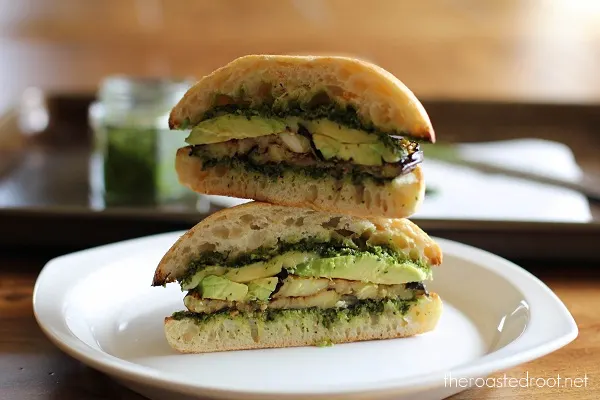 Roasted Eggplant Sandwich with Avocado and Kale Pesto | https://www.theroastedroot.net