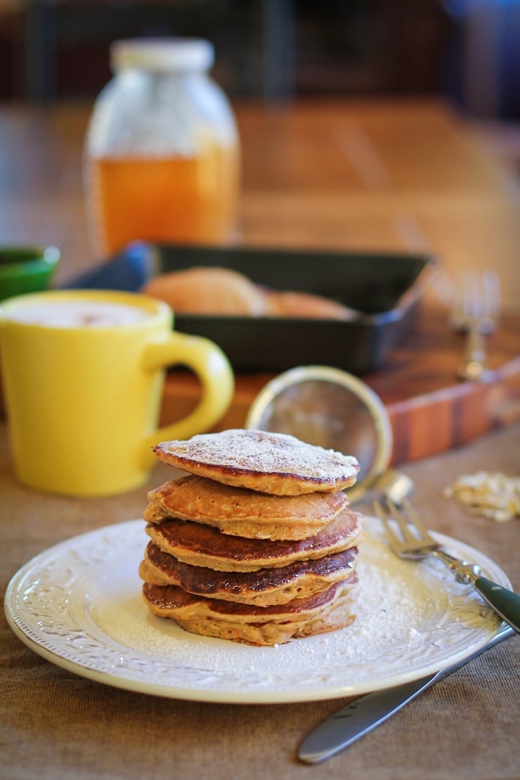 Gluten-Free Morning Glory Pancakes made with almond flour and rice flour | TheRoastedRoot.net #healthy #breakfast #recipe