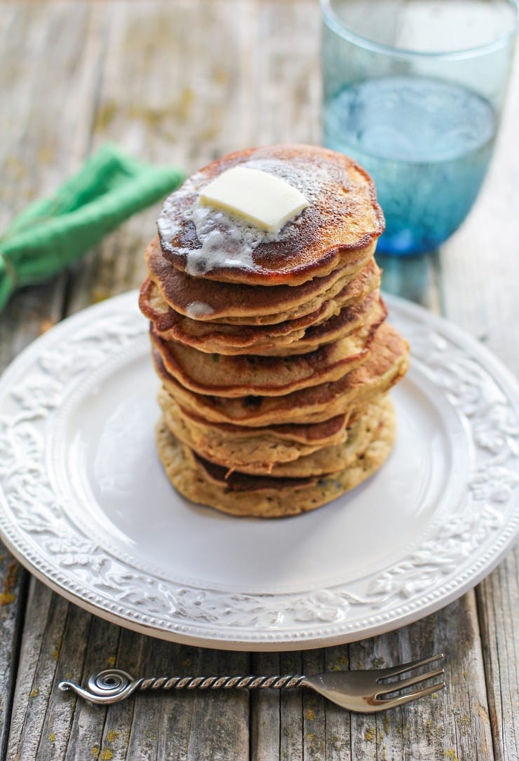 Gluten-Free Morning Glory Pancakes made with almond flour and rice flour | TheRoastedRoot.net #healthy #breakfast #recipe