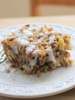 Apple Cinnamon Baked Oatmeal with Coconut Milk Glaze - dairy-free, refined sugar-free, and gluten-free | theroastedroot.net #healthy #brunch #recipe