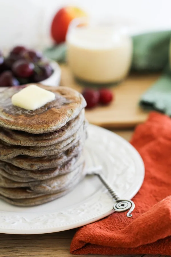 Buckwheat Sourdough Pancakes with cherries | https://www.theroastedroot.net