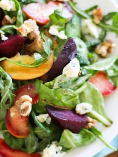 Roasted Beet Salad with peaches, pluots and blue cheese | https://www.theroastedroot.net