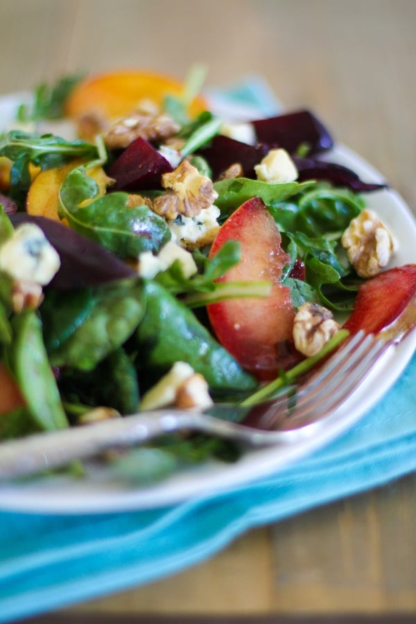Roasted Beet Salad with peaches, pluots and blue cheese | http://www.theroastedroot,net