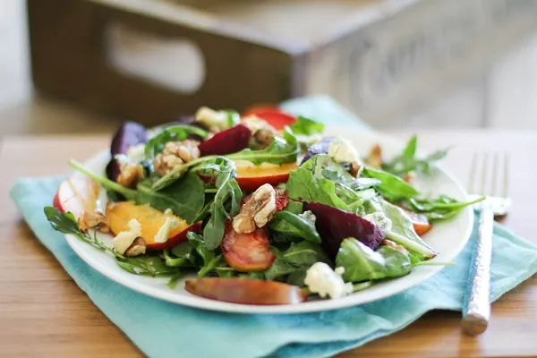 Roasted Beet Salad with peaches, pluots and blue cheese | https://www.theroastedroot.net