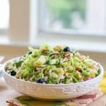 Shaved Brussels Sprouts Salad with avocado, apple, red onion, blueberries, walnuts, and citrus dressing | TheRoastedRoot.net #healthy #salad #sidedish #glutenfree #paleo #vegan