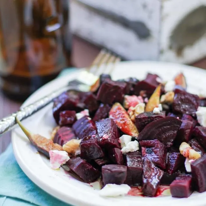 Roasted Beet and Fig Salad with walnuts, goat cheese, and balsamic vinaigrette