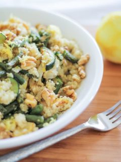 Roasted Summer Vegetable Quinoa Salad with walnuts, feta, and citrus dressing
