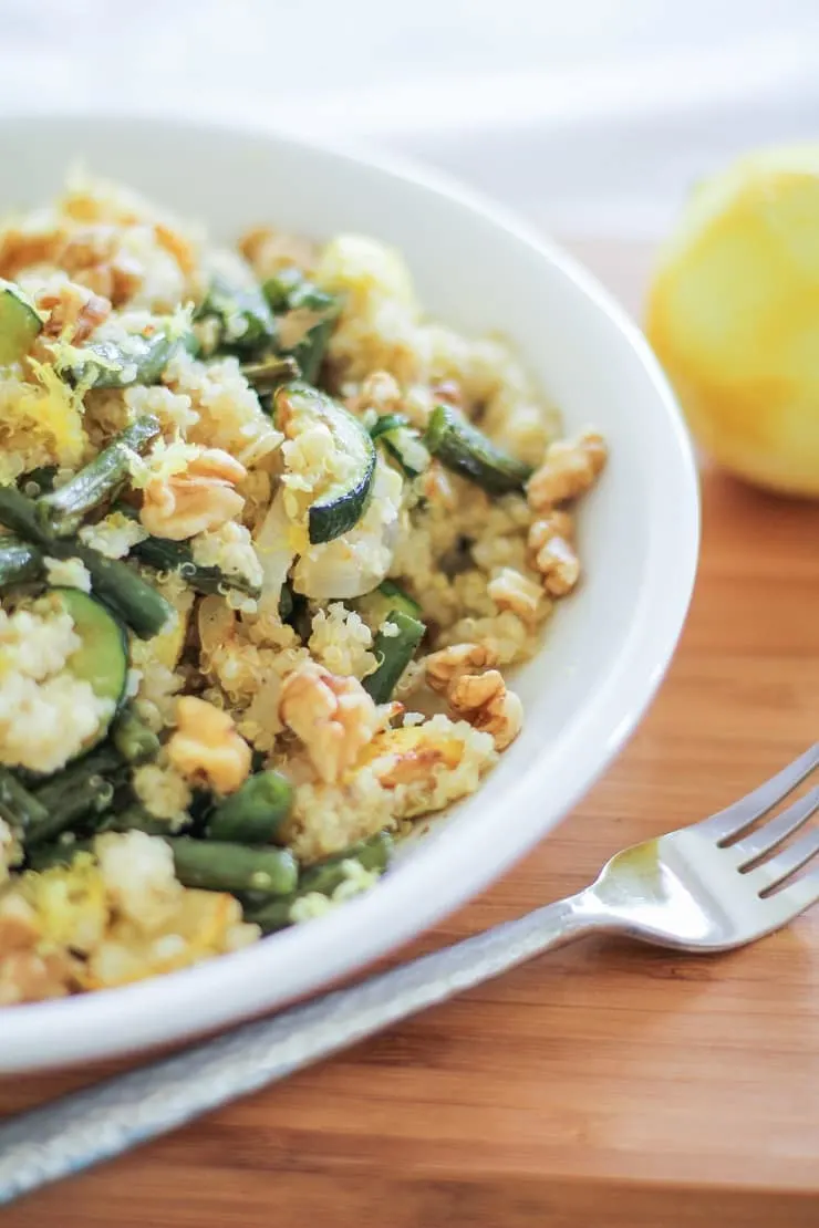Roasted Summer Vegetable Quinoa Salad with walnuts, feta, and citrus dressing