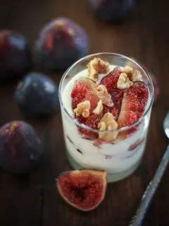 Roasted Fig and Walnut Yogurt Breakfast Parfait with honey | TheRoastedRoot.net #healthy #recipe #glutenfree