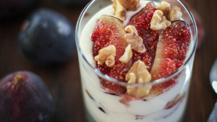 Roasted Fig and Walnut Yogurt Breakfast Parfait with honey | TheRoastedRoot.net #healthy #recipe #glutenfree