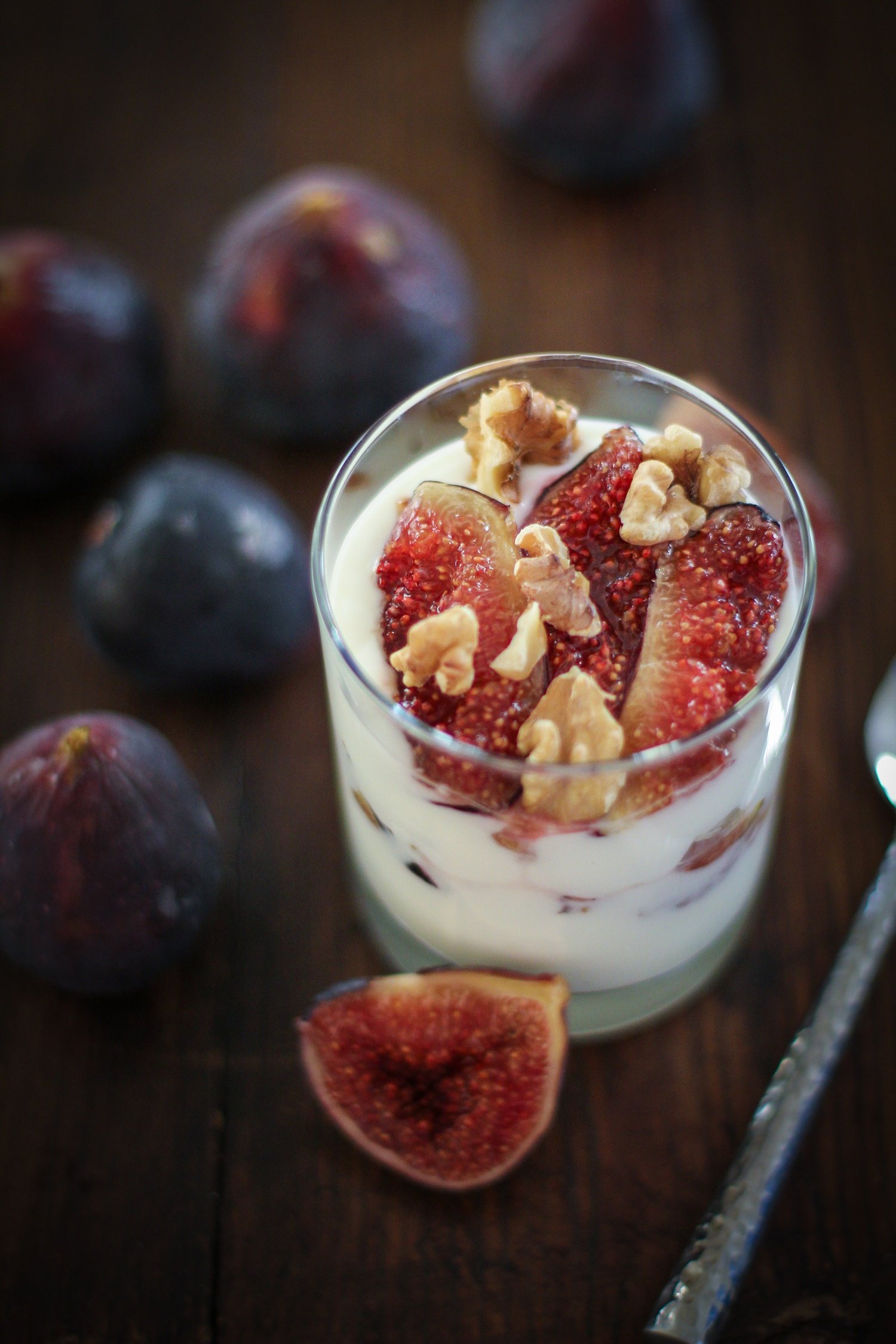 Roasted Fig and Walnut Yogurt Breakfast Parfait with honey | TheRoastedRoot.net #healthy #recipe #glutenfree