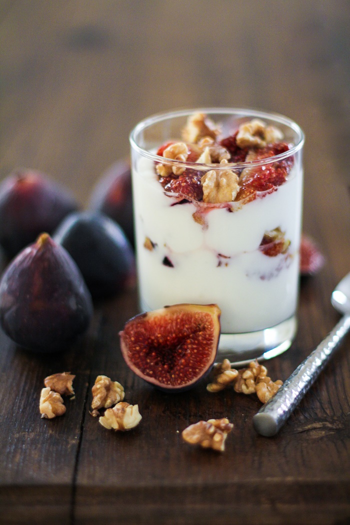 Roasted Fig and Walnut Yogurt Breakfast Parfait with honey | TheRoastedRoot.net #healthy #recipe #glutenfree