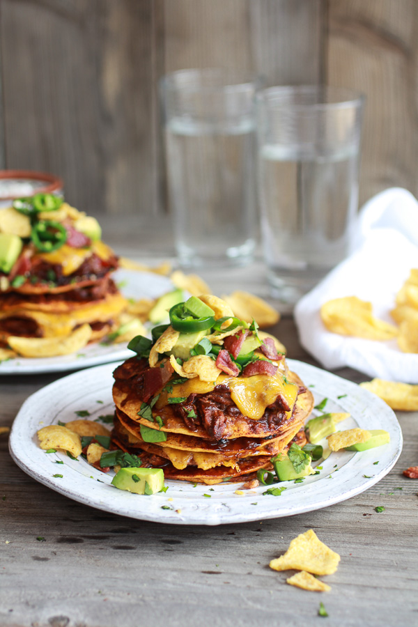 Crockpot Chicken Chili Con Carne Tostada Stacks from Halfbaked Harvest