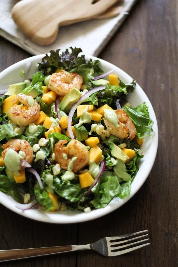 Curry Shrimp Chopped Salad with Creamy Avocado Dressing | www.theroastedroot.net