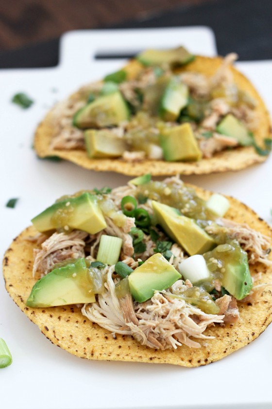 Slow Cooker Verde Chicken Tostadas from Bake Your Day