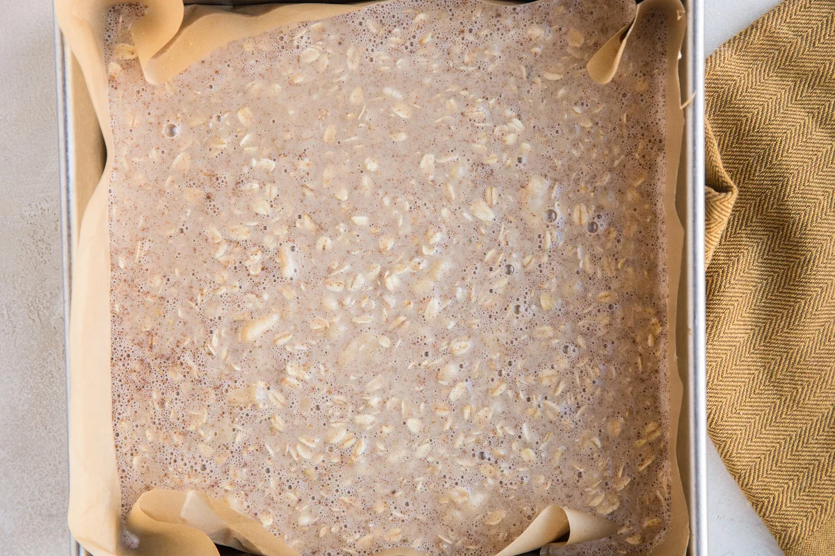 Banana Baked oatmeal mixture in a baking pan ready to bake