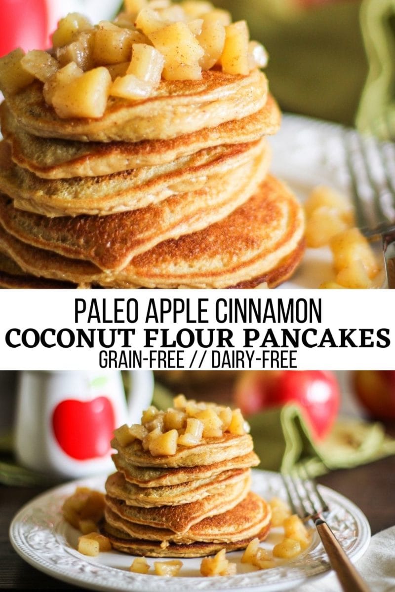 Grain-Free Apple Cinnamon Pancakes made with coconut flour. Paleo and dairy-free!