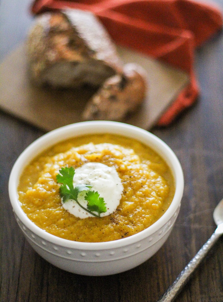Crock Pot Butternut Squash and Parsnip Soup | TheRoastedRoot.net #healthy #vegetarian #slowcooker #soup #winter
