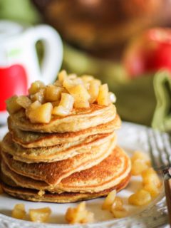 Grain-Free Apple Cinnamon Pancakes made with coconut flour. Dairy-free, gluten-free, amazing fluffy pancakes!
