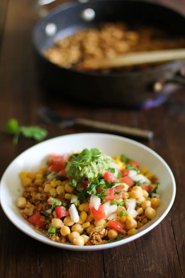 Cauliflower Rice Burrito Bowls with pico de gallo and guacamole - - - srcset=